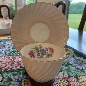 Unusual AYNSLEY Bone China * Pale PINK fluted cup saucer * GOLD TRIM * signed